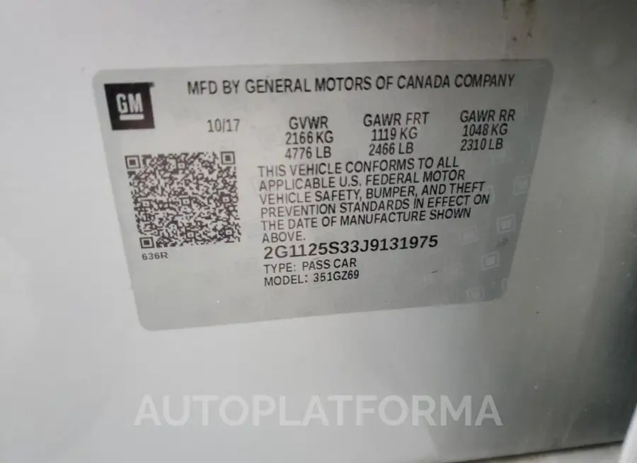 CHEVROLET IMPALA PRE 2018 vin 2G1125S33J9131975 from auto auction Copart