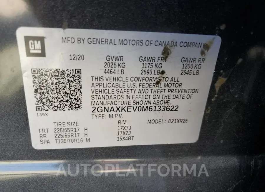 CHEVROLET EQUINOX LT 2021 vin 2GNAXKEV0M6133622 from auto auction Copart