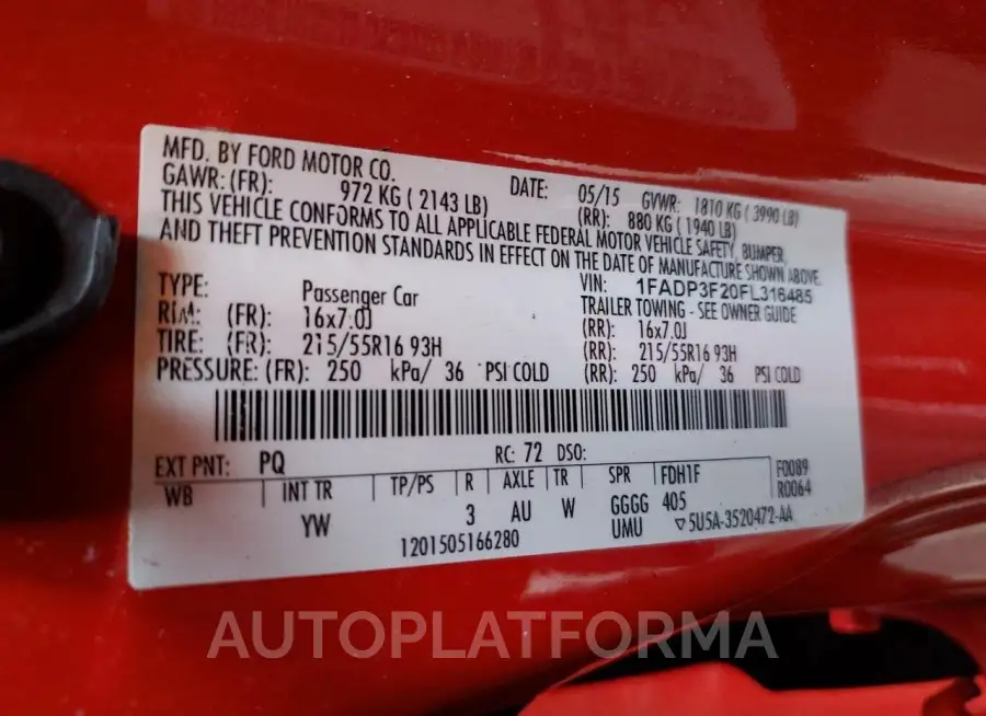 FORD FOCUS SE 2015 vin 1FADP3F20FL316485 from auto auction Copart