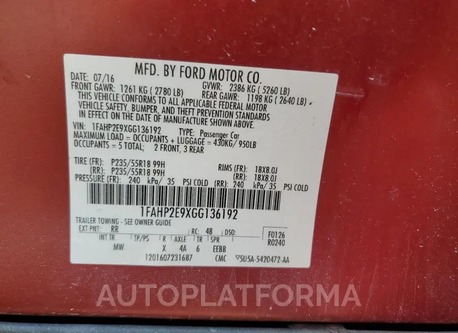 FORD TAURUS SEL 2016 vin 1FAHP2E9XGG136192 from auto auction Copart