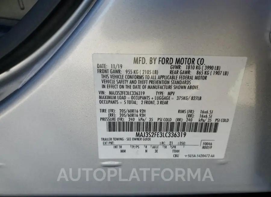 FORD ECOSPORT S 2020 vin MAJ3S2FE3LC336319 from auto auction Copart