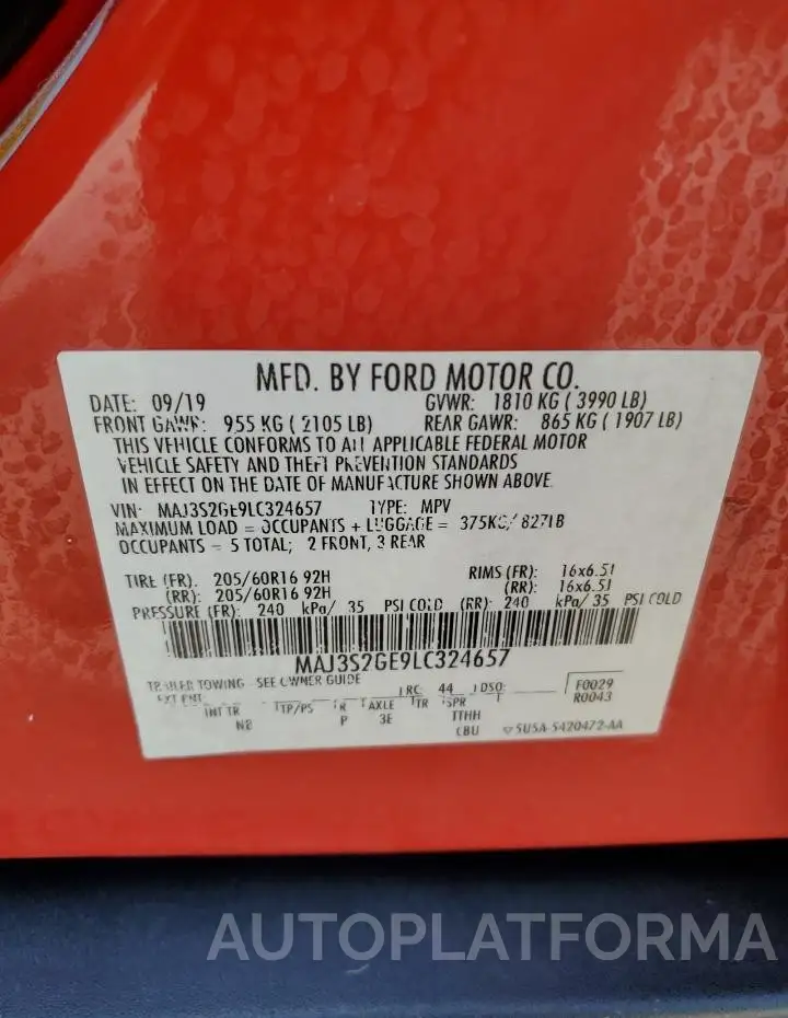 FORD ECOSPORT S 2020 vin MAJ3S2GE9LC324657 from auto auction Copart