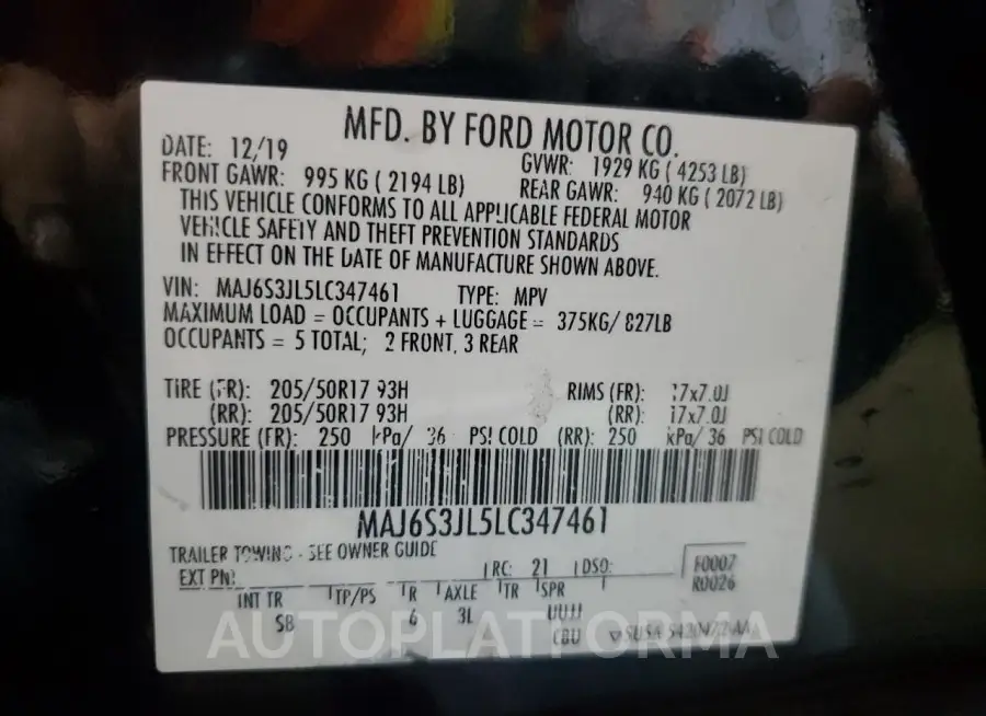 FORD ECOSPORT S 2020 vin MAJ6S3JL5LC347461 from auto auction Copart