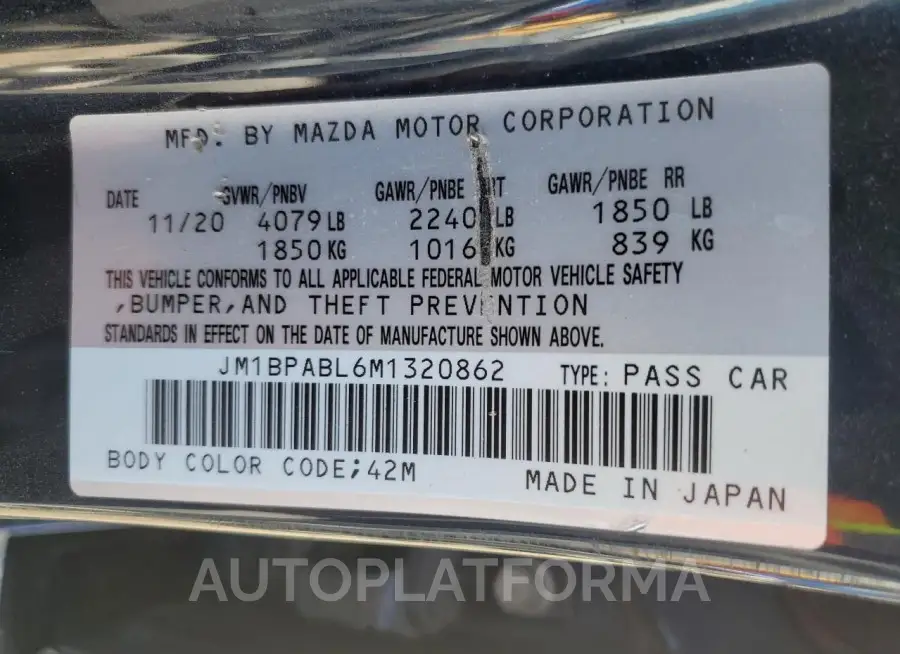 MAZDA 3 SELECT 2021 vin JM1BPABL6M1320862 from auto auction Copart