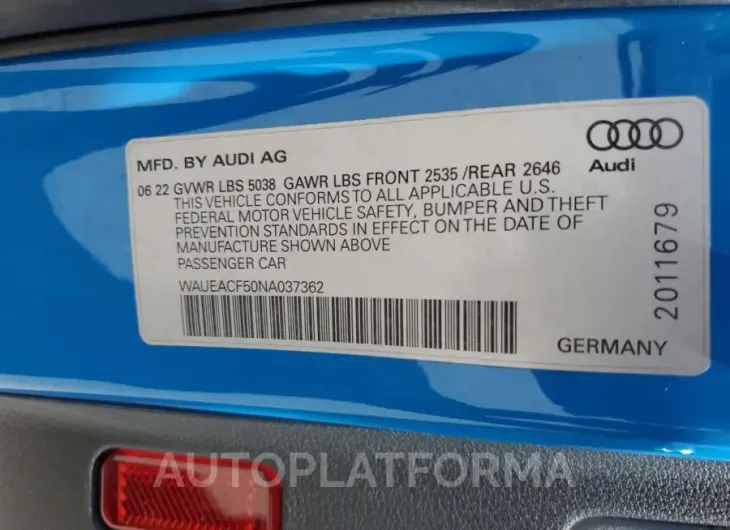 AUDI A5 PRESTIG 2022 vin WAUEACF50NA037362 from auto auction Copart