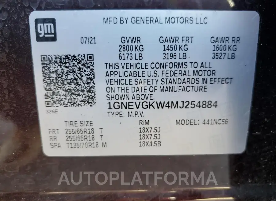 CHEVROLET TRAVERSE L 2021 vin 1GNEVGKW4MJ254884 from auto auction Copart