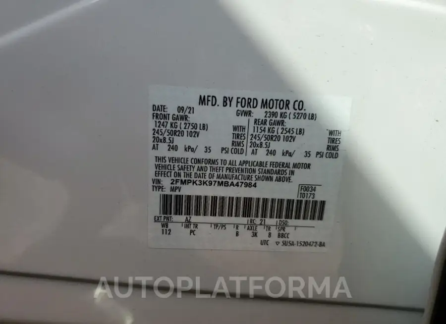 FORD EDGE TITAN 2021 vin 2FMPK3K97MBA47984 from auto auction Copart