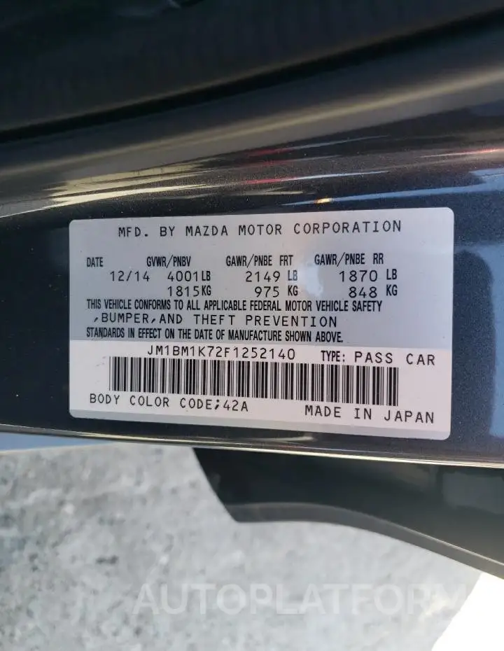 MAZDA 3 Sport 2015 vin JM1BM1K72F1252140 from auto auction Copart