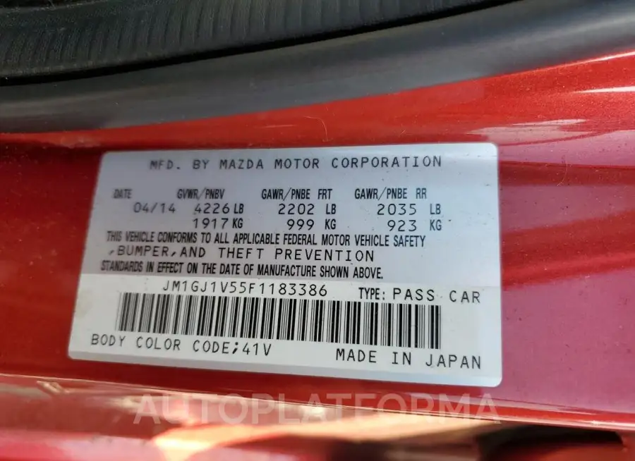 MAZDA 6 TOURING 2015 vin JM1GJ1V55F1183386 from auto auction Copart