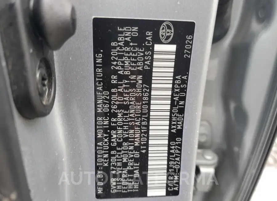 TOYOTA AVALON LIM 2020 vin 4T1D21FB7LU018627 from auto auction Copart