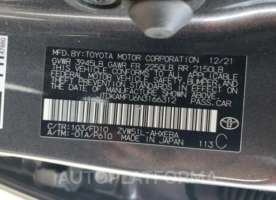 TOYOTA PRIUS NIGH 2022 vin JTDKAMFU6N3166312 from auto auction Copart