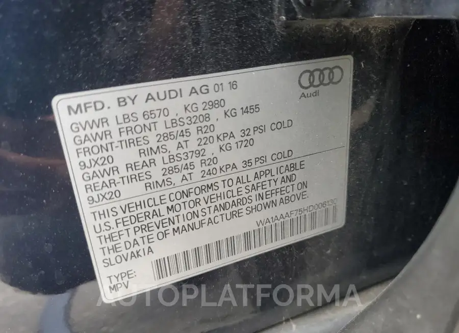 AUDI Q7 PREMIUM 2017 vin WA1AAAF75HD006130 from auto auction Copart