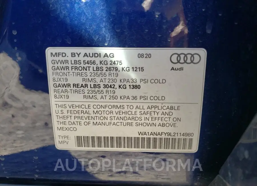 AUDI Q5 PREMIUM 2020 vin WA1ANAFY9L2114980 from auto auction Copart