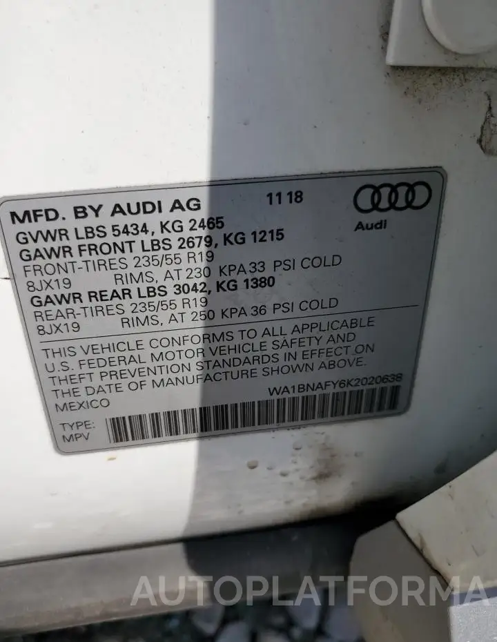 AUDI Q5 PREMIUM 2019 vin WA1BNAFY6K2020638 from auto auction Copart