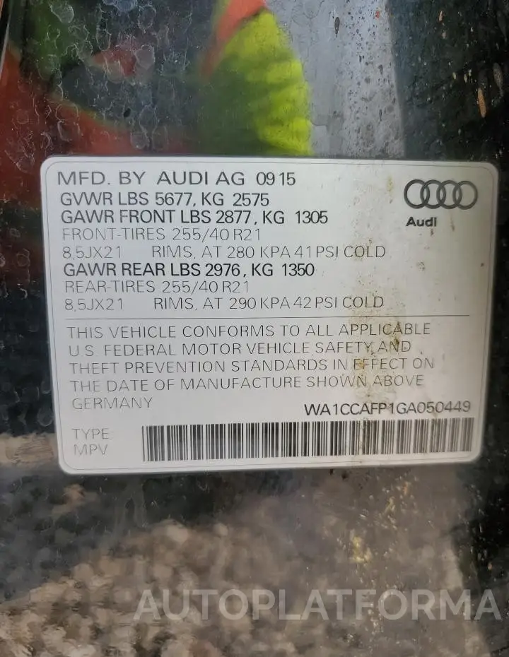 AUDI SQ5 PREMIU 2016 vin WA1CCAFP1GA050449 from auto auction Copart