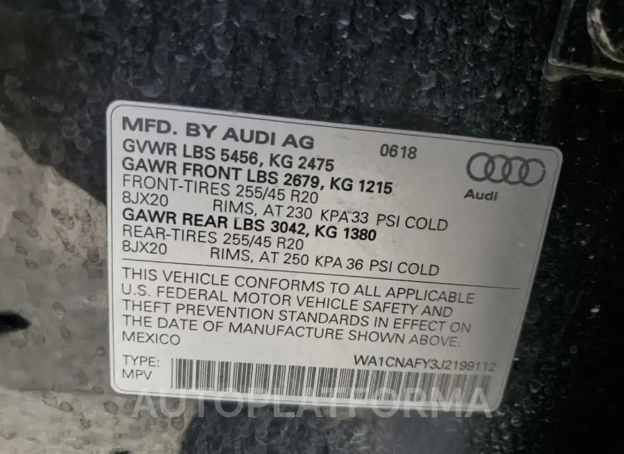 AUDI Q5 PRESTIG 2018 vin WA1CNAFY3J2199112 from auto auction Copart