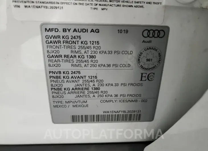 AUDI Q5 TITANIU 2020 vin WA1ENAFY8L2029131 from auto auction Copart