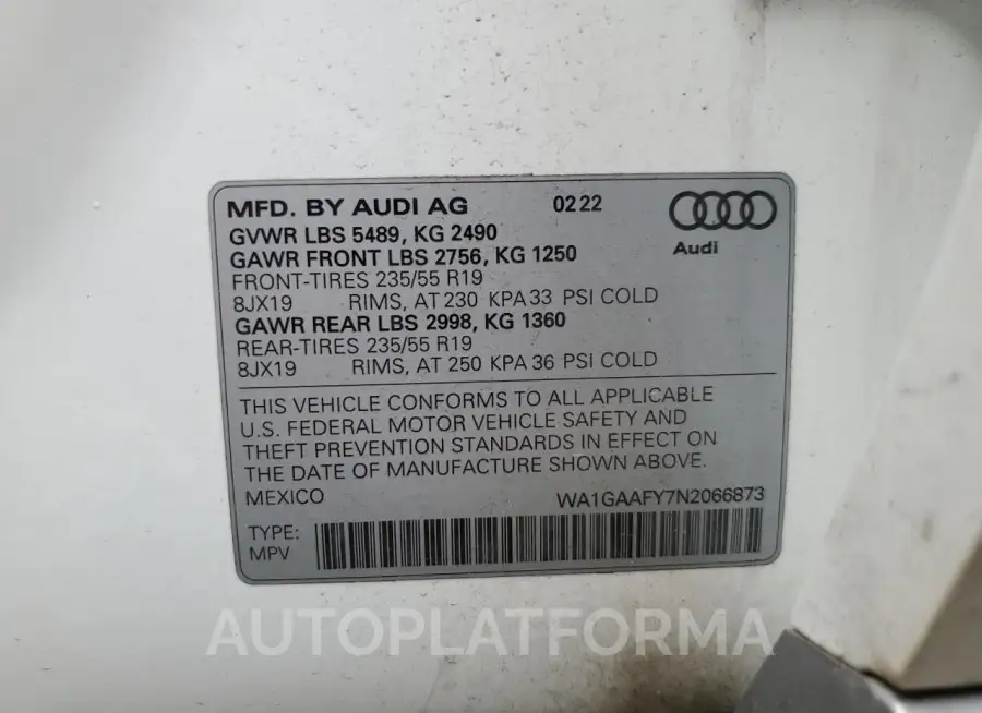 AUDI Q5 PREMIUM 2022 vin WA1GAAFY7N2066873 from auto auction Copart