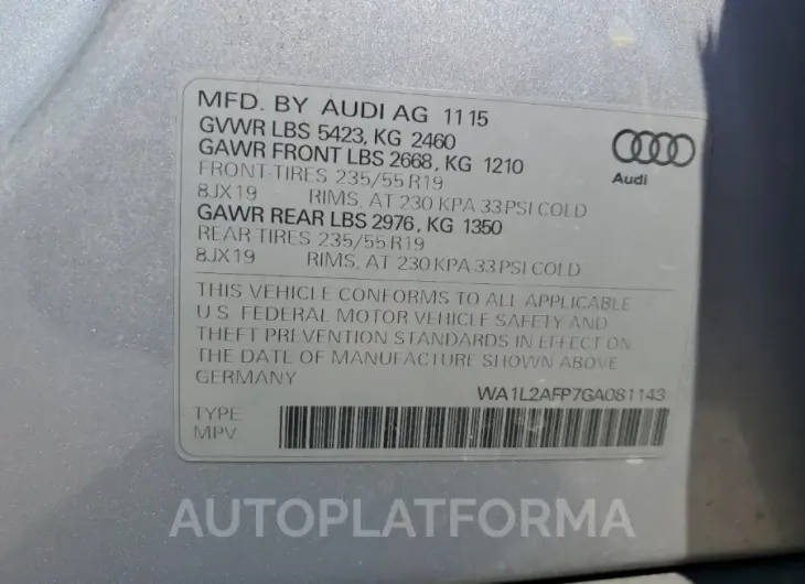 AUDI Q5 PREMIUM 2016 vin WA1L2AFP7GA081143 from auto auction Copart