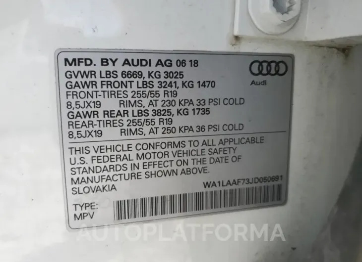 AUDI Q7 PREMIUM 2018 vin WA1LAAF73JD050691 from auto auction Copart