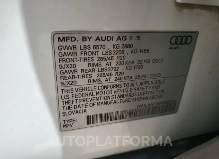 AUDI Q7 PREMIUM 2017 vin WA1LAAF79HD003174 from auto auction Copart