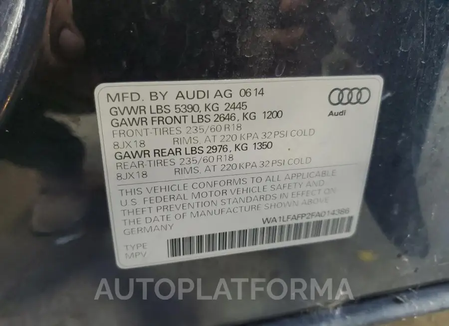 AUDI Q5 PREMIUM 2015 vin WA1LFAFP2FA014386 from auto auction Copart