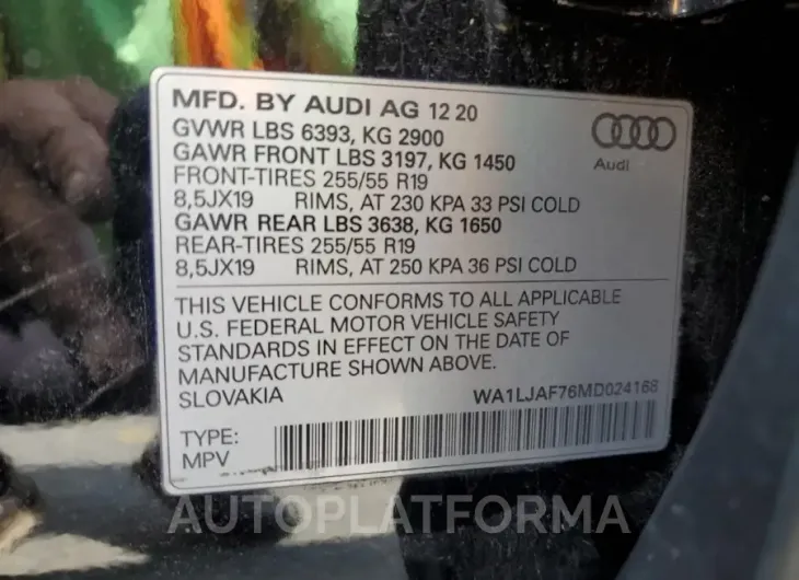 AUDI Q7 PREMIUM 2021 vin WA1LJAF76MD024168 from auto auction Copart