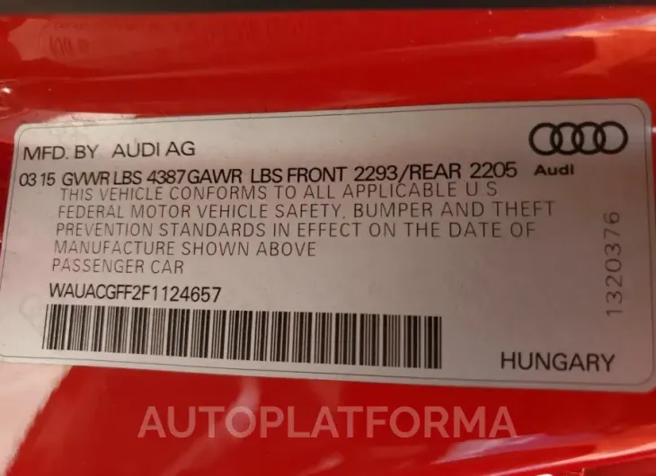 AUDI A3 PREMIUM 2015 vin WAUACGFF2F1124657 from auto auction Copart