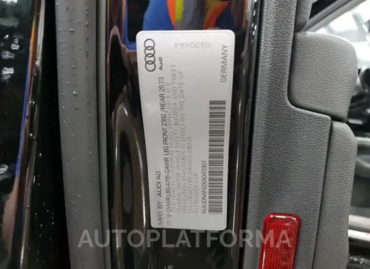 AUDI A4 PREMIUM 2019 vin WAUDNAF42KA043901 from auto auction Copart