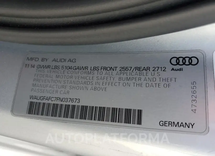 AUDI A6 PREMIUM 2015 vin WAUGFAFC7FN037673 from auto auction Copart