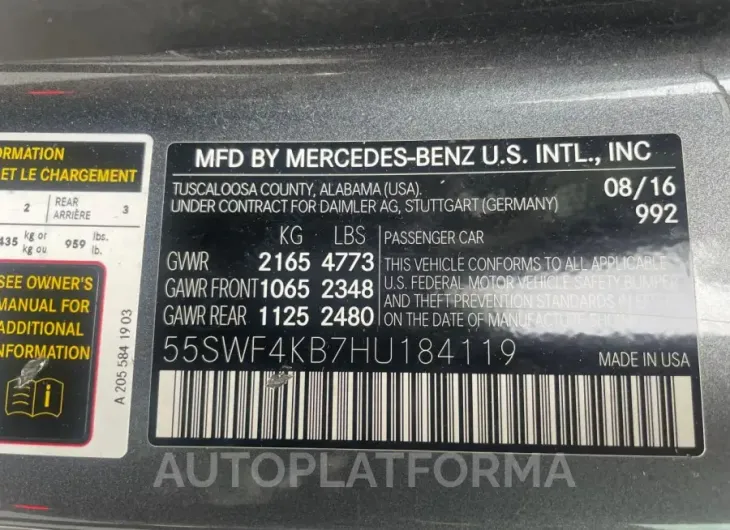 MERCEDES-BENZ C 300 4MAT 2017 vin 55SWF4KB7HU184119 from auto auction Copart