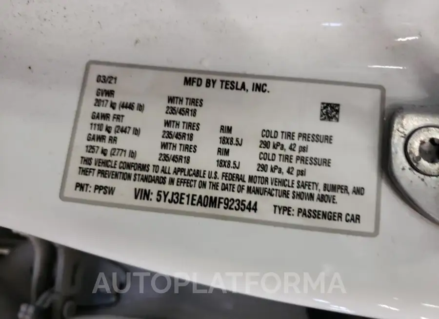 TESLA MODEL 3 2021 vin 5YJ3E1EA0MF923544 from auto auction Copart