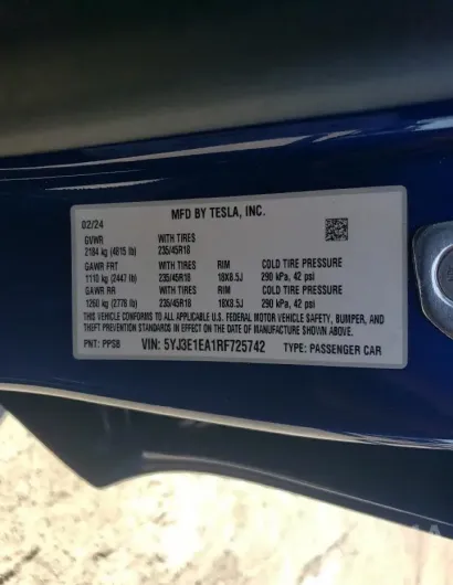 TESLA MODEL 3 2024 vin 5YJ3E1EA1RF725742 from auto auction Copart