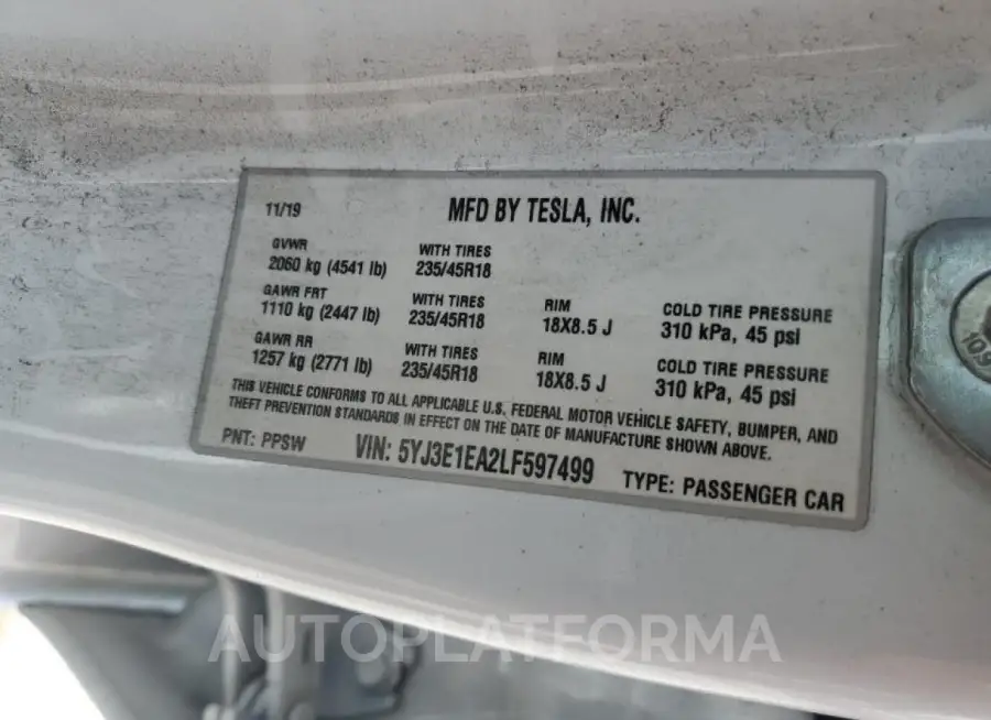 TESLA MODEL 3 2020 vin 5YJ3E1EA2LF597499 from auto auction Copart