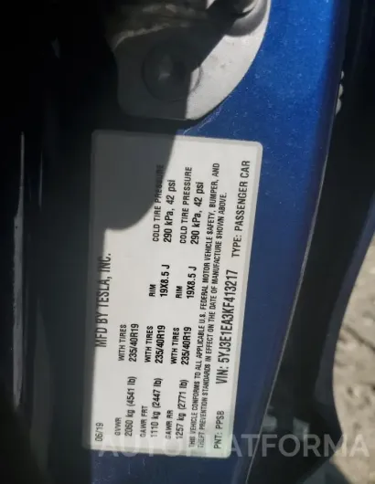 TESLA MODEL 3 2019 vin 5YJ3E1EA3KF413217 from auto auction Copart