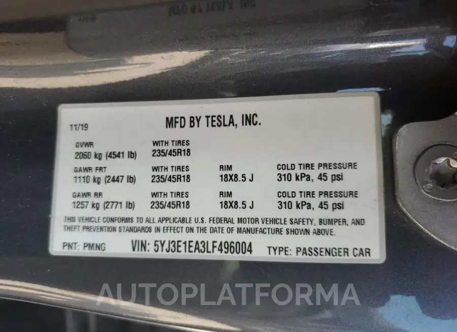 TESLA MODEL 3 2020 vin 5YJ3E1EA3LF496004 from auto auction Copart