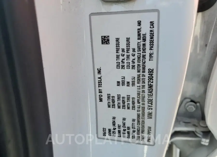 TESLA MODEL 3 2022 vin 5YJ3E1EA5NF290492 from auto auction Copart