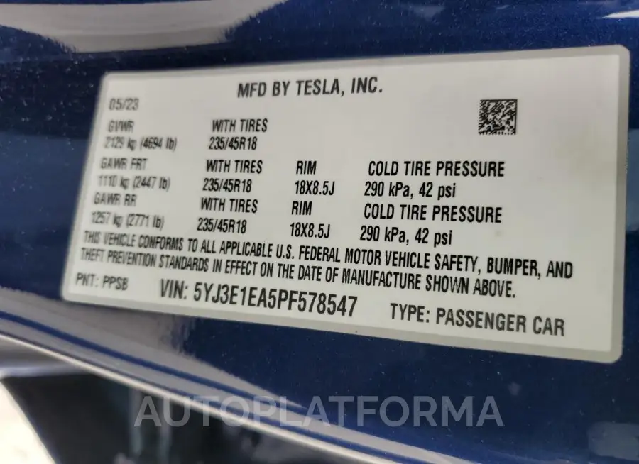 TESLA MODEL 3 2023 vin 5YJ3E1EA5PF578547 from auto auction Copart