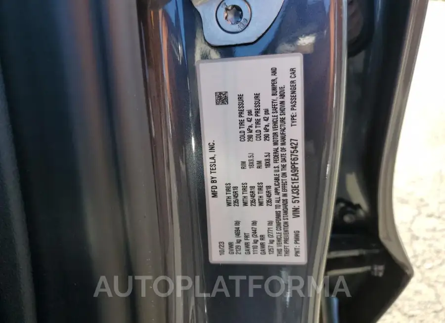 TESLA MODEL 3 2023 vin 5YJ3E1EA9PF675427 from auto auction Copart