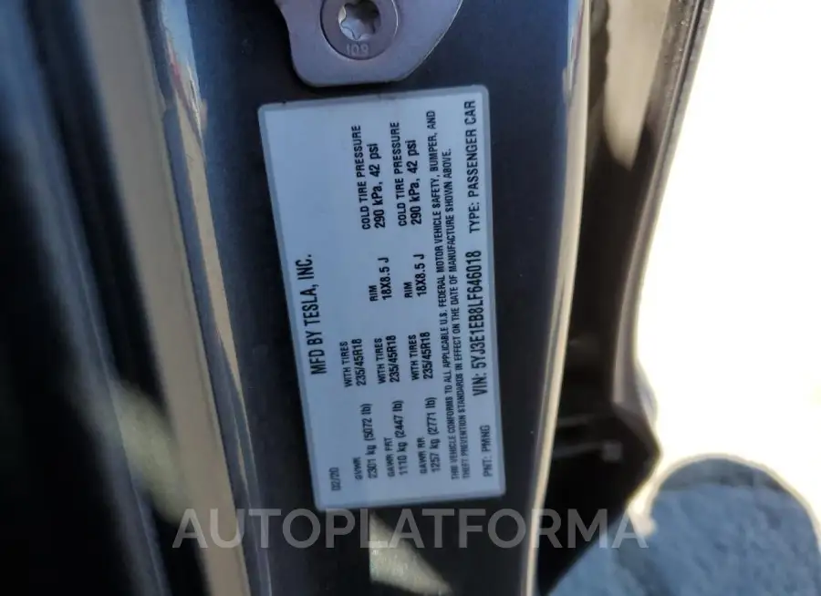 TESLA MODEL 3 2020 vin 5YJ3E1EB8LF646018 from auto auction Copart