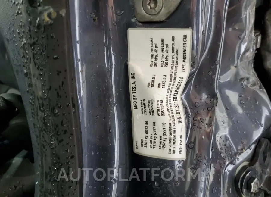 TESLA MODEL 3 2020 vin 5YJ3E1EBXLF663614 from auto auction Copart