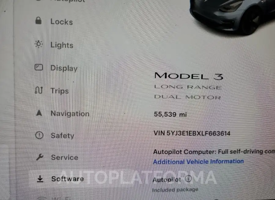 TESLA MODEL 3 2020 vin 5YJ3E1EBXLF663614 from auto auction Copart