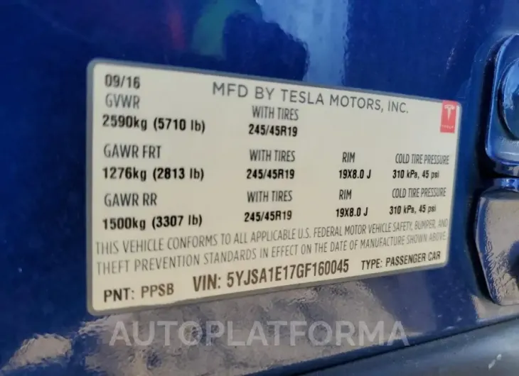 TESLA MODEL S 2016 vin 5YJSA1E17GF160045 from auto auction Copart