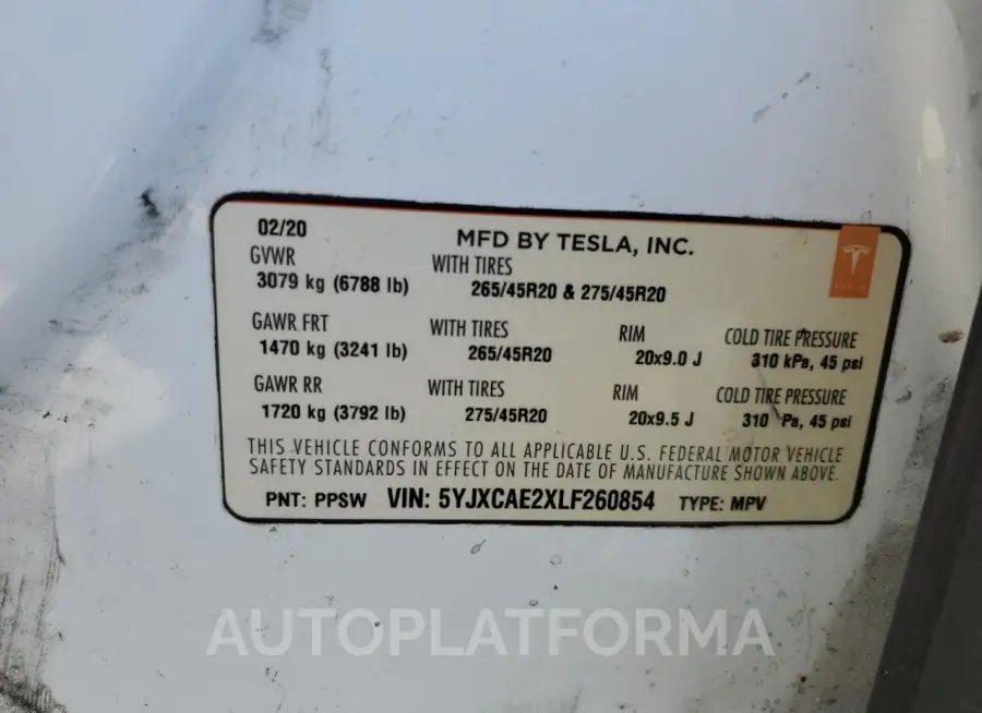 TESLA MODEL X 2020 vin 5YJXCAE2XLF260854 from auto auction Copart