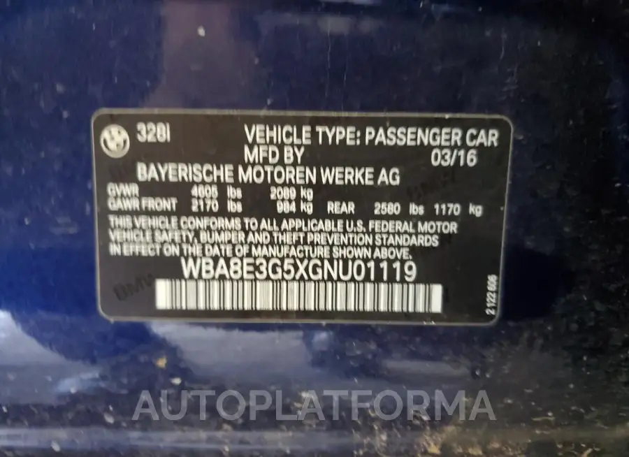 BMW 328 XI SUL 2016 vin WBA8E3G5XGNU01119 from auto auction Copart