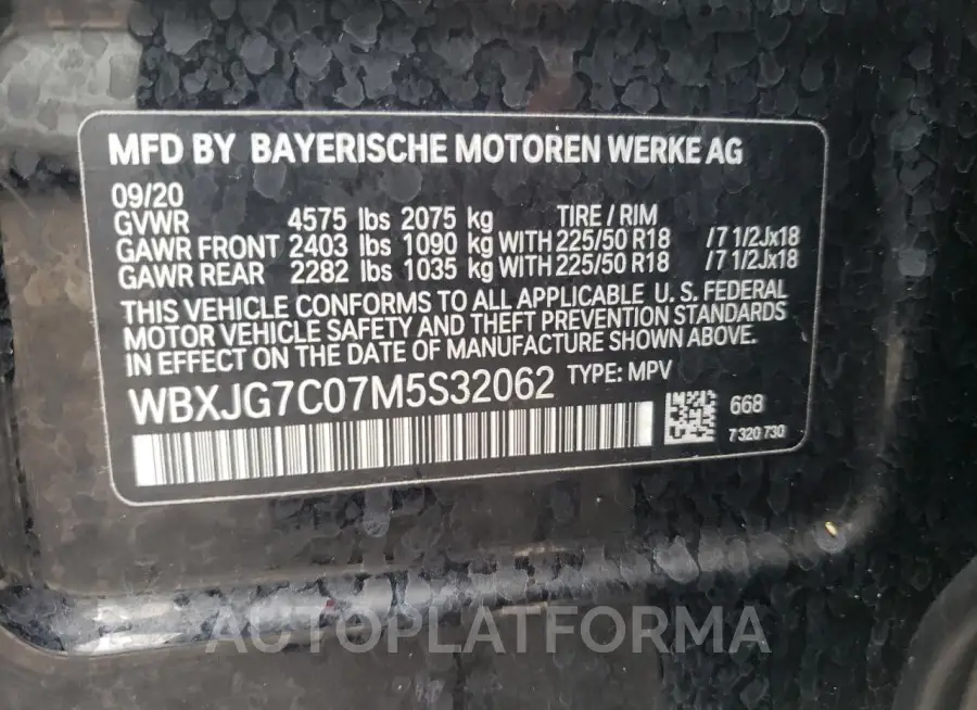 BMW X1 SDRIVE2 2021 vin WBXJG7C07M5S32062 from auto auction Copart