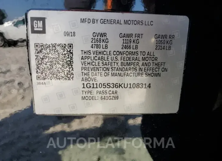 CHEVROLET IMPALA PRE 2019 vin 1G1105S36KU108314 from auto auction Copart