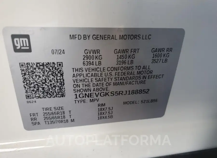 CHEVROLET TRAVERSE L 2024 vin 1GNEVGKS5RJ188852 from auto auction Copart