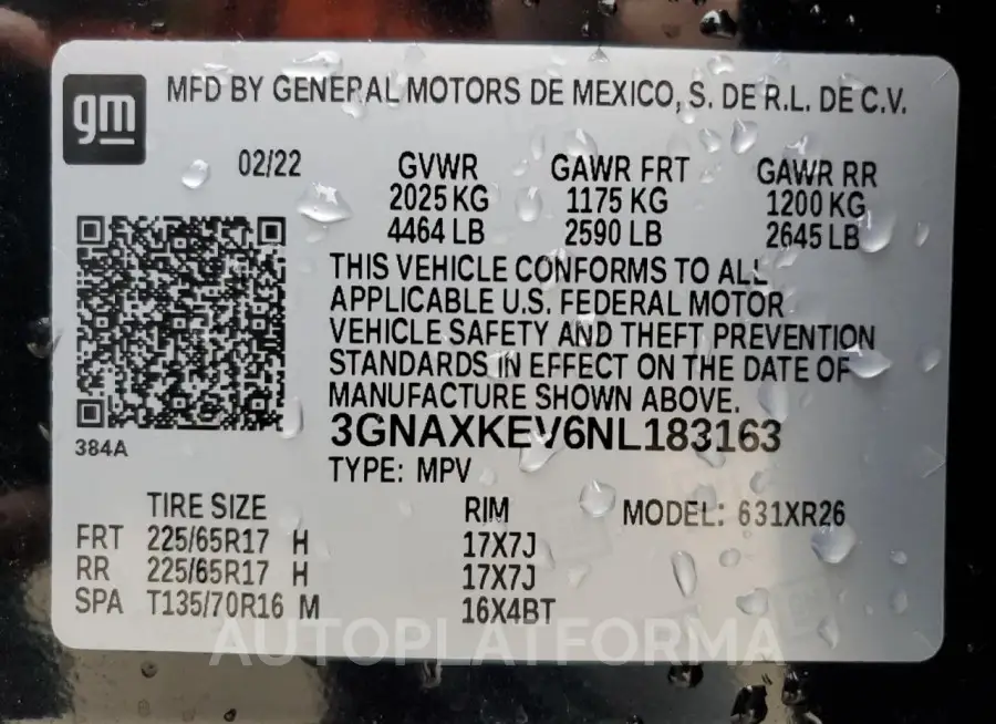 CHEVROLET EQUINOX LT 2022 vin 3GNAXKEV6NL183163 from auto auction Copart