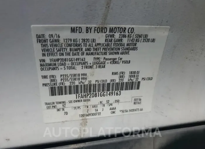 FORD TAURUS SE 2016 vin 1FAHP2D81GG149163 from auto auction Copart